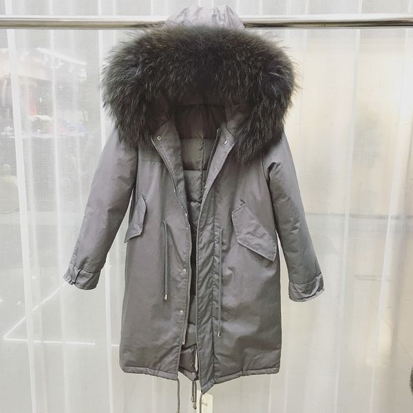 

huge real natural raccoon fur 2018 winter jacket women thick warm long female plus size coat white duck down jacket loose parka, Black