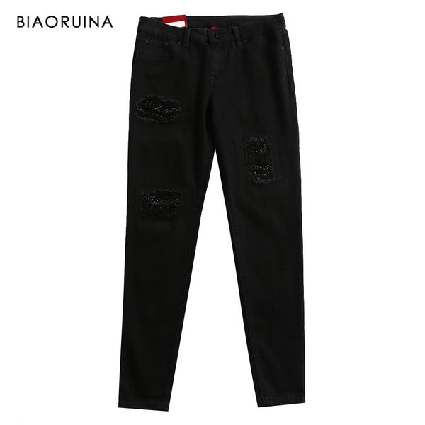 

biaoruina women's fashion black holes rhinestone scratched jeans female high waist casual pencil jeans all season streetwear, Blue