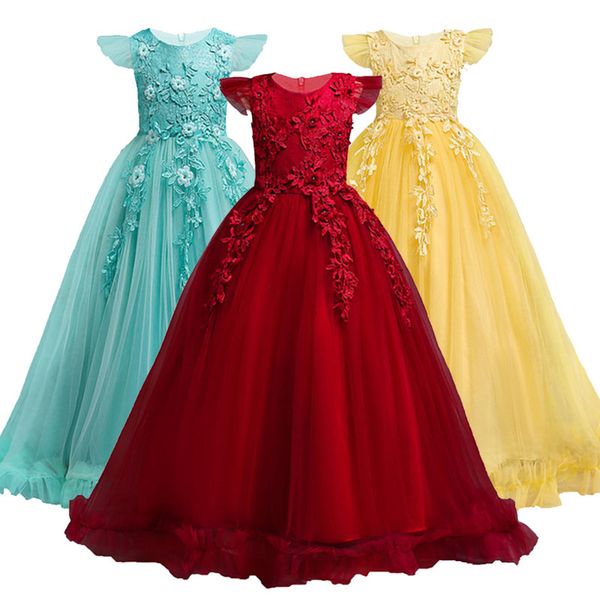 

4-15yrs lace тинейджеров детские девушки свадебное длинное платье элегантный принцессы партии pageant рождество формальное рукавов детские д, Red;yellow