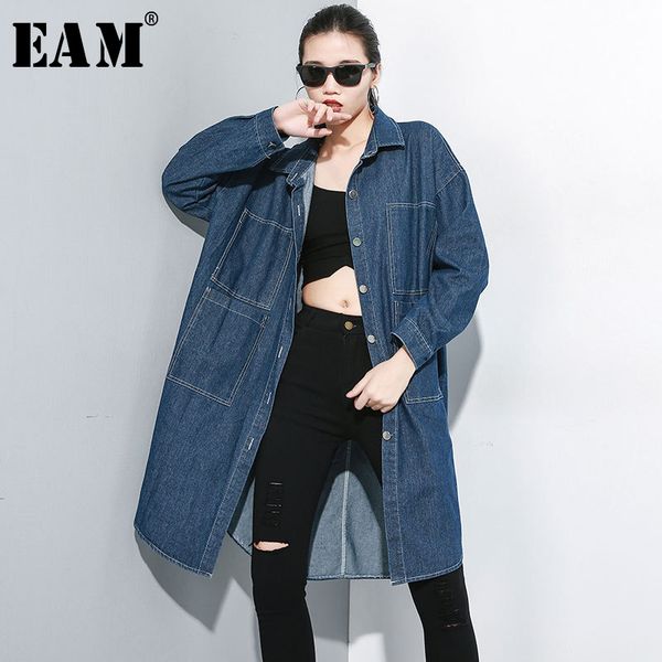 

eam] women pocket oversize denim trench new lapel long sleeve loose fit windbreaker fashion tide autumn winter 2019 1a695, Tan;black