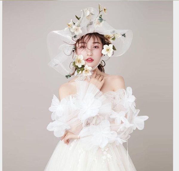 

bride headdress handmade lace hemp yarn translucent gauze hat korean hat wedding headdress bride accessories, Slivery;golden
