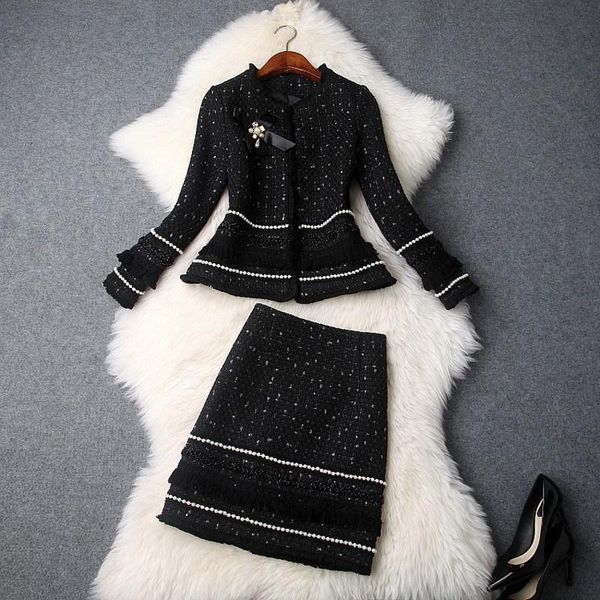 

fashion fall winter women's new beaded bow jacket thick tweed tassels mini skirt suits office lady two piece sets, White