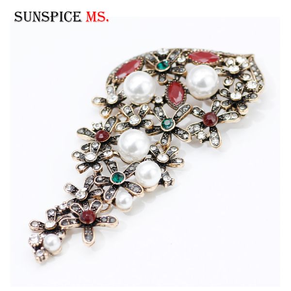 

sunspice ms turkish vintage flower simulated pearl brooch women antique gold color lapel hijab pins red green multicolor jewelry, Gray