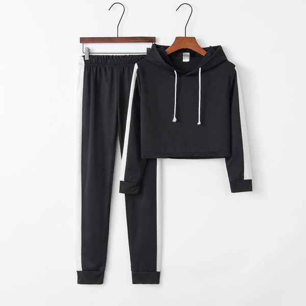 

women solid color hooded sweatshirt and pant tracksuit sport suit, Black;blue