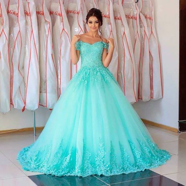 

pretty turq quinceanera prom dresses lace applique ball gowns off the shoulders with sleeves vestidos de sweet 16 party dress cheap, Blue;red