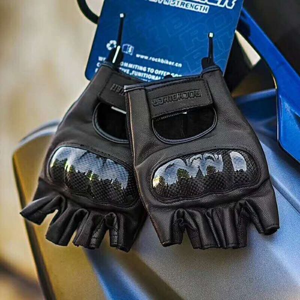 

rock biker summer retro leather motorcycle racing carbon fiber shell protective half finger locomotive casual cycling gloves, Black