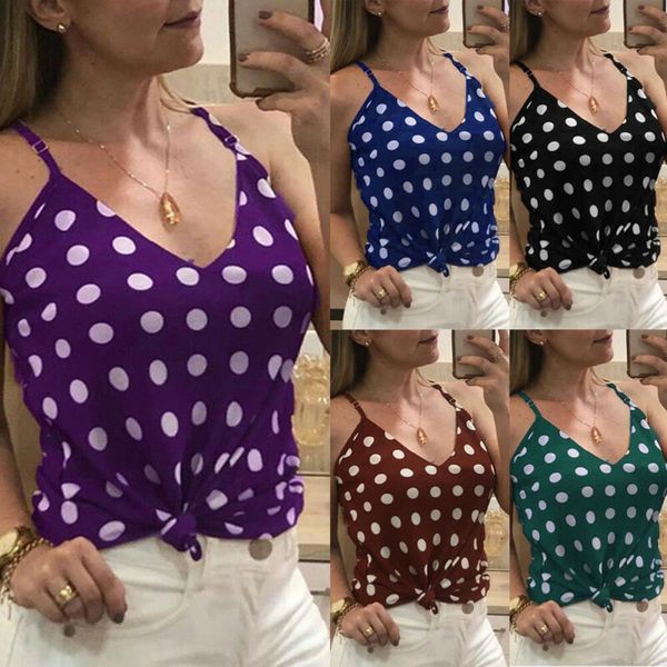 

womens fashion summer adjusted sling polka dot print front tie bowknot loose tank sleeveless casual vest tee camis 3xl, White