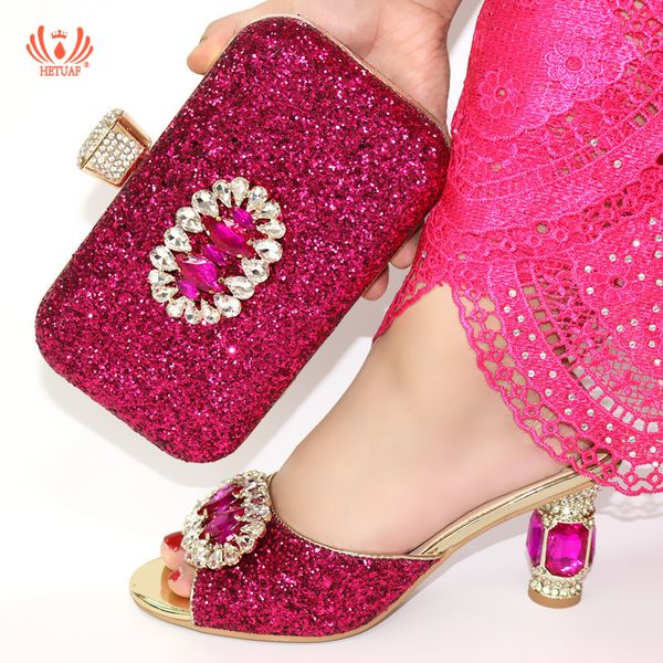 

new african party nigerian shoes and bag set for women new fuchsia color shoes and bag set in heels matching, Black