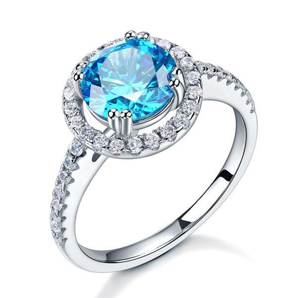 

exquisite rings 925 sterling silver wedding engagement halo ring 2 ct 8 mm fancy blue created diamond round, Slivery;golden