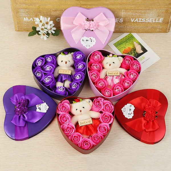 

teddy bear rose soap flower scented artificial soap rose with heart shape box for wedding birthday valentine christmas