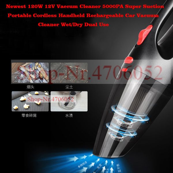 

120w 12v vaccum cleaner 5000pa super suction portable cordless handheld rechargeable car vacuum cleaner wet/dry dual use
