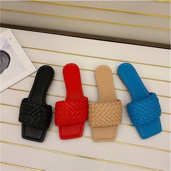

women's summer flat slippers plaited fashion square toe woman shoes lattice ladies slides casual comfort open toe female slipper, Black