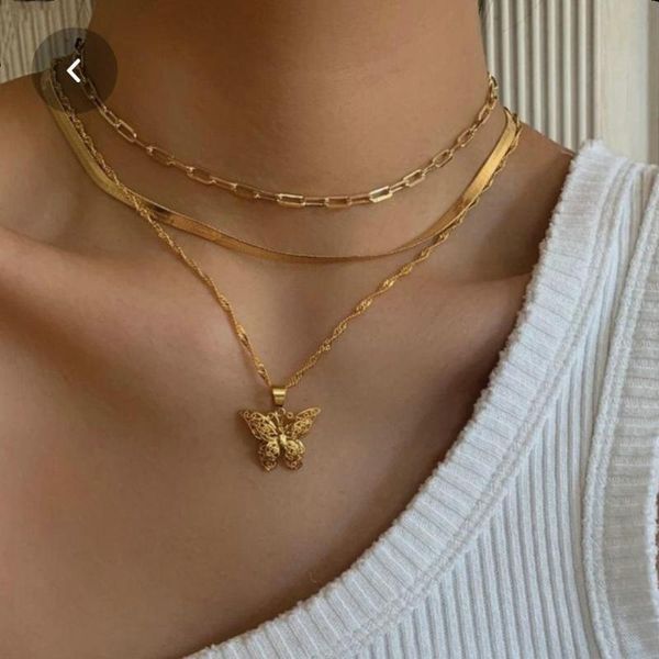

3 layered butterfly necklace 24k yellow gold filled brass butterfly pendant necklace flat snake chain chunky link chain choker, Golden;silver