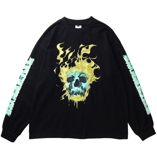 

Мужчины хип-хоп футболка с длинным рукавом Огнь черепа Streetwear Harajuku Tshirt Негабаритной Весна HipHop Свободная тенниска хлопок Топы Тиса