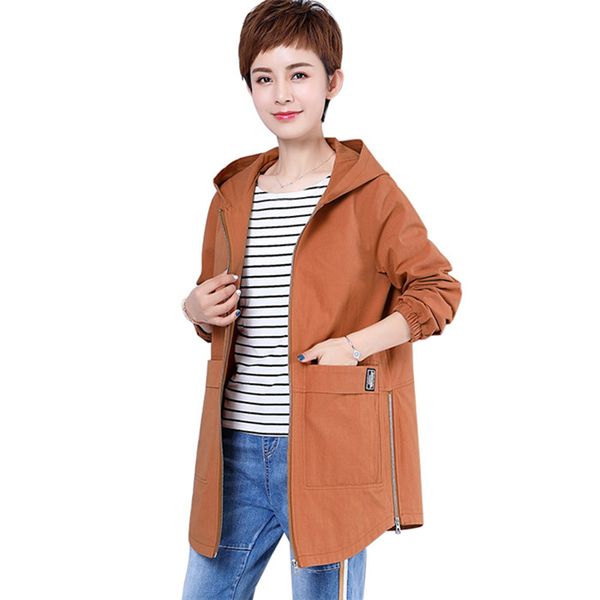 

plus size hooded cotton trench coat women 2020 new spring autumn windbreaker basic coat zipper loose outerwear female 6xl, Tan;black