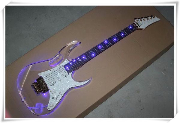 E-Gitarre mit blauem LED-Licht-Acryl-Korpus, Floyd-Rose-Brücke und Palisander-Griffbrett, kann individuell angepasst werden