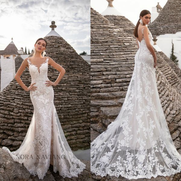 

2020 bohemian mermaid wedding dresses v neck appliqued sleeveless bridal gown backless ruffled sweep train custom made vestidos de novia, White