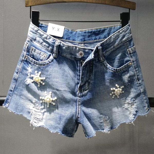 

плюс размер 26-31!джинсовые шорты женщины свободные старинные джинсы шорты жемчужные бусины дамы отверстие широкие джинсы ноги, White;black