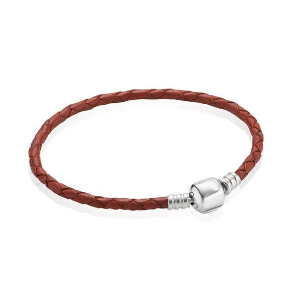 

pb36 big brand pda bangle classic single loop braided black leather basic chain pure silver bracelet wholesale 925 silver sell have logo, Golden;silver