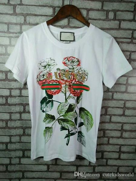 

2018 новое поступление женщины печать цветы с коротким рукавом футболка, White