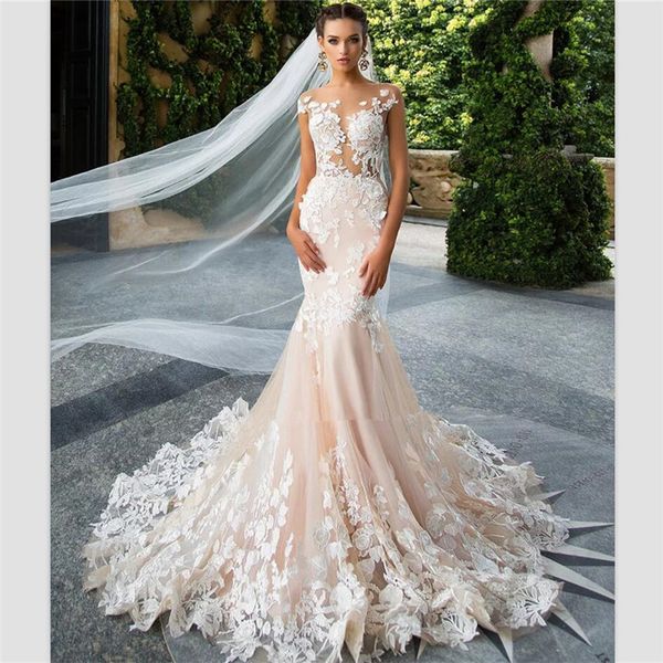 

mermaid wedding dress lace applique halter party, White