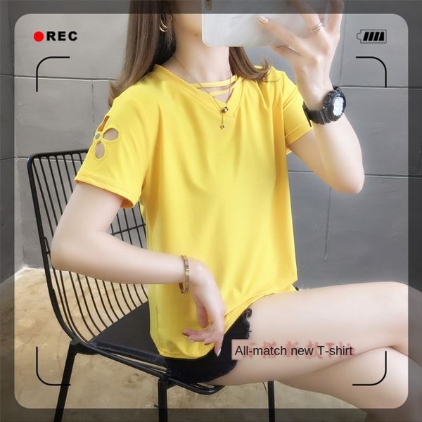 

hollowed-out v-neck short-sleeved t-shirt female 2020 loose all-match ins clothes fashion hollowed-out v-neck short-sleeved t-shirt female 2, White