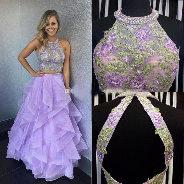

light purple two piece prom dresses halter appliques beaded organza floor length backless prom dresses sweet 16 dress, Black