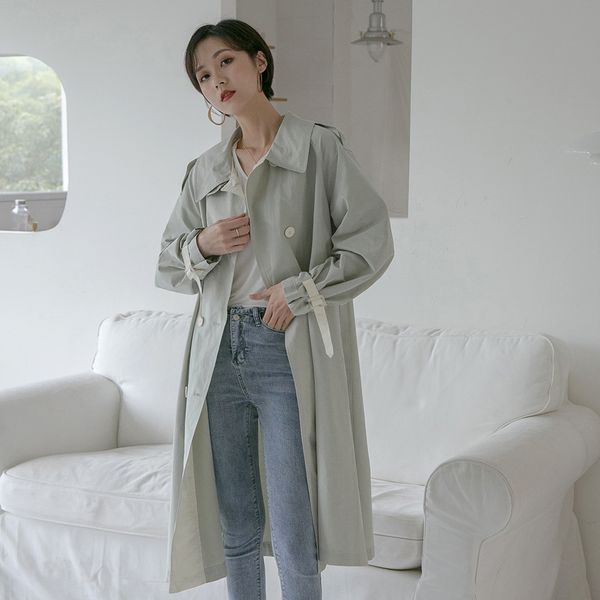 

2019 autumn women fashion korea new mint green double-breasted women clothes long thin outerwear trench coat of the feminine, Tan;black