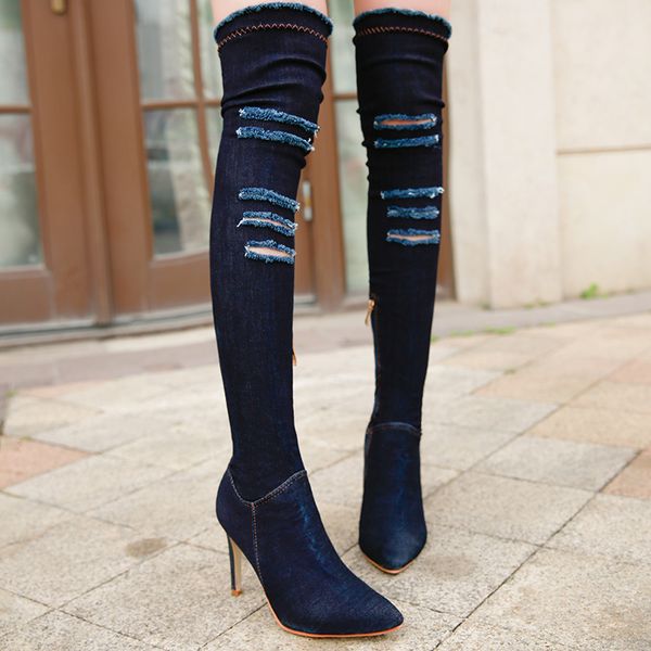

women's shoes 2019 denim boots for women female zipper warm square heel shoes casual long tube fashion boots zapatos de mujer, Black