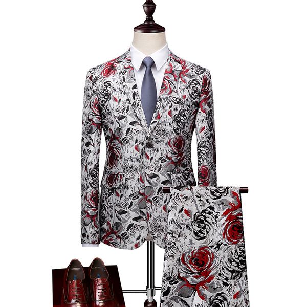

classic dress suit men 2 piece set size 6xl fashion business banquet men blazer jacket + pants high grade man floral suit, White;black