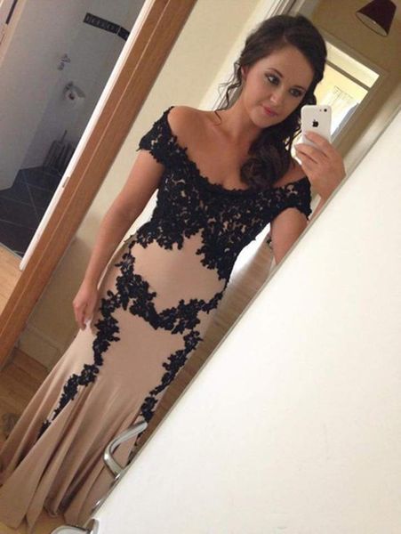 

prom dresses 2019 blush pink long vestidos de baile mermaid off the shoulder with black appliqued formal gowns