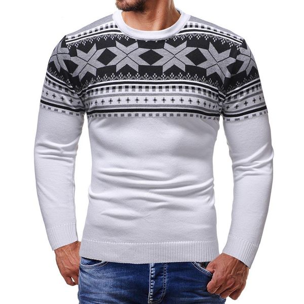 

sanwood fashion men geometric print round neck long sleeve sweater slim fit jumper, White;black