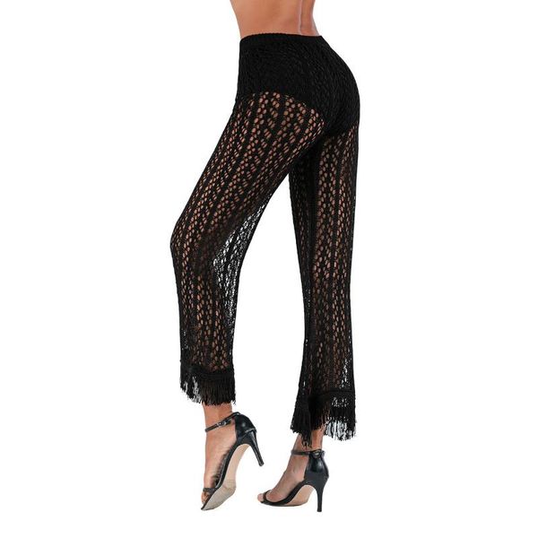 

women fashion spring pants solid color pants tassel hollow knit cropped crocheted beach #37%, Black;white