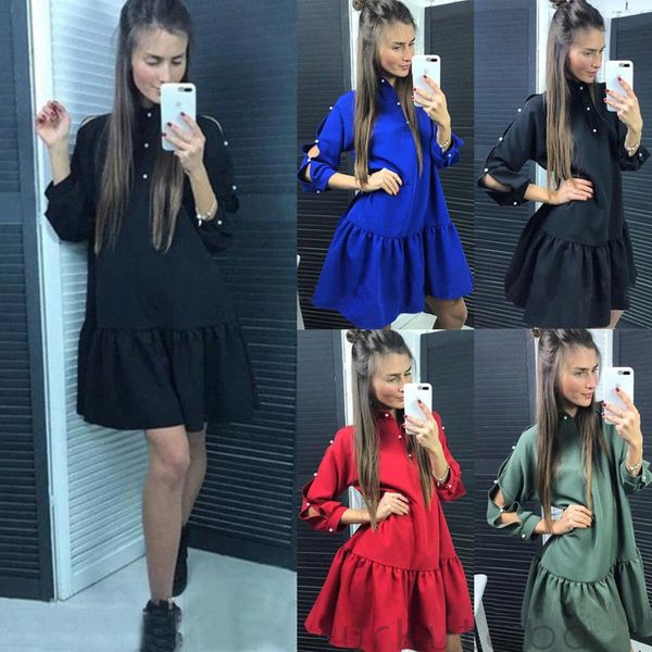 

Fashion Women Autumn Casual Long Sleeve Ruffles Plain Dress Ladies Evening Party Dress