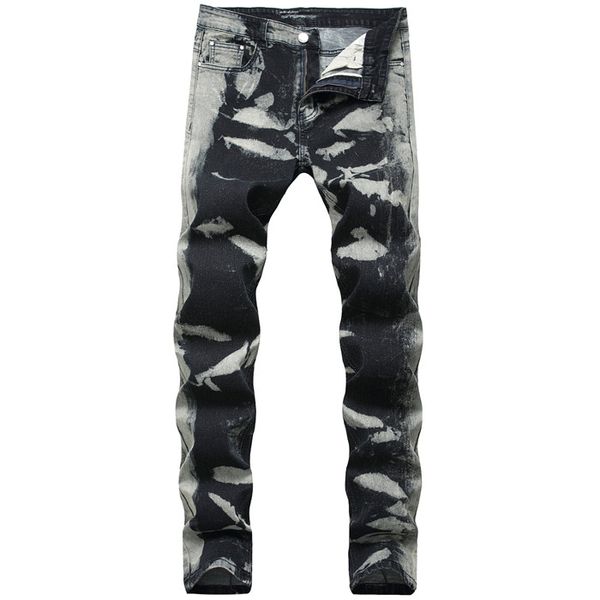 

gray spots regular mens jeans fashion stretch long pencil designer pants mid waist print mens trousers, Blue