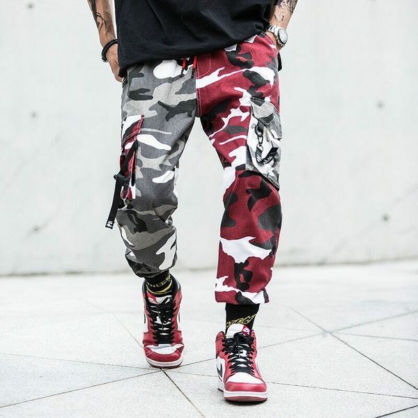 

men ribbons hip hop camo cargo pants harem joggers harajuku sweatpant trousers, Black