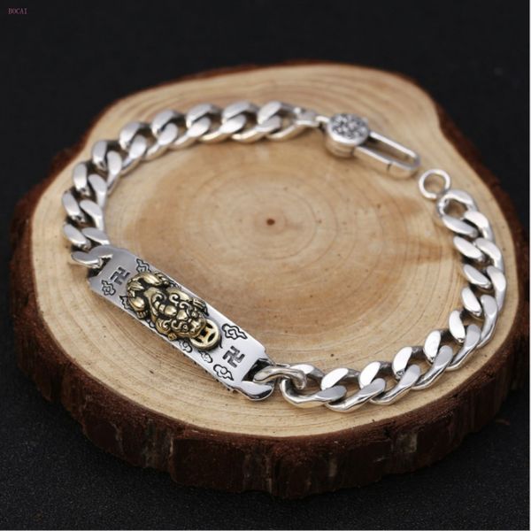 

s925 sterling silver jewelry six character truth men's simple wrist chain trend thai silver recruiting money bracelet for men, Black