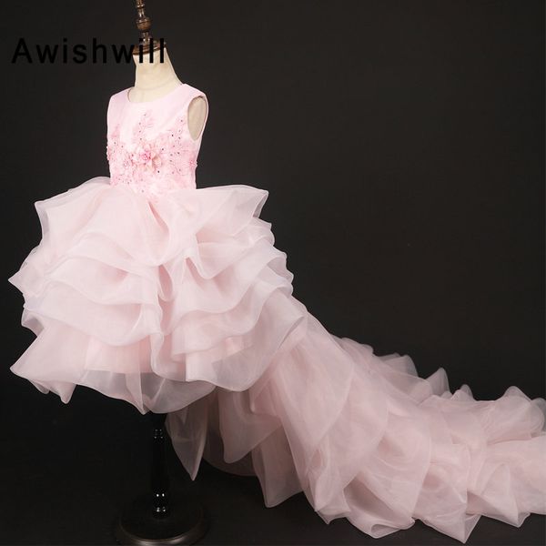 

new pink communion dresses kids beaded lace tiered organza girls pageant party dress high low flower girl dresses for weddings, Red;yellow