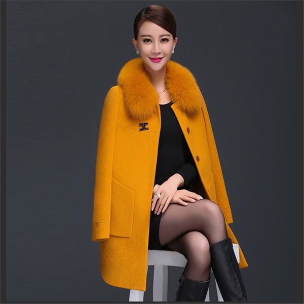 

fur collar cashmere coat women's 2018 autumn and winter new woolen coat wool in the long section, Black