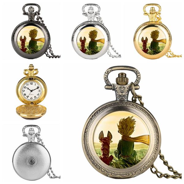 

unique mens cartoon animation prince and pocket watch quartz analog watch for boy arabic number watches for teenager, Slivery;golden