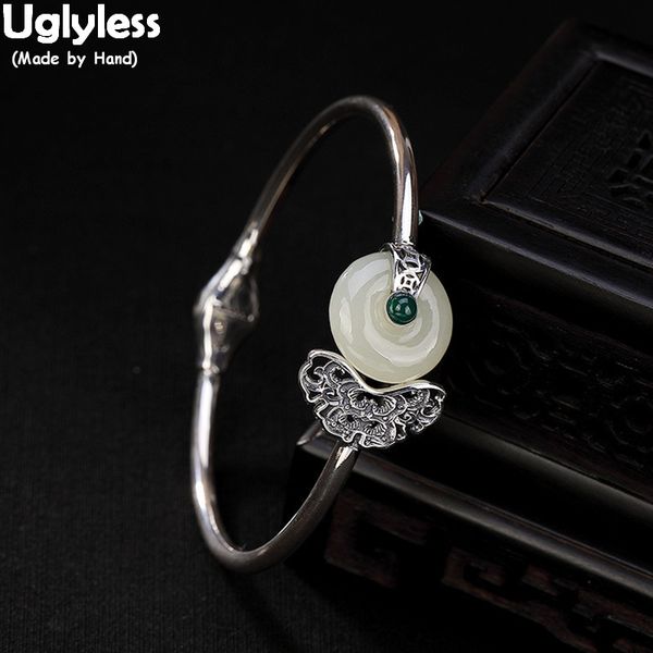 

uglyless 100% real 925 thai silver butterfly браслеты для женщин природные джейд кнопка open bangle этнический fine jewelry драгоценные камн, Golden;silver