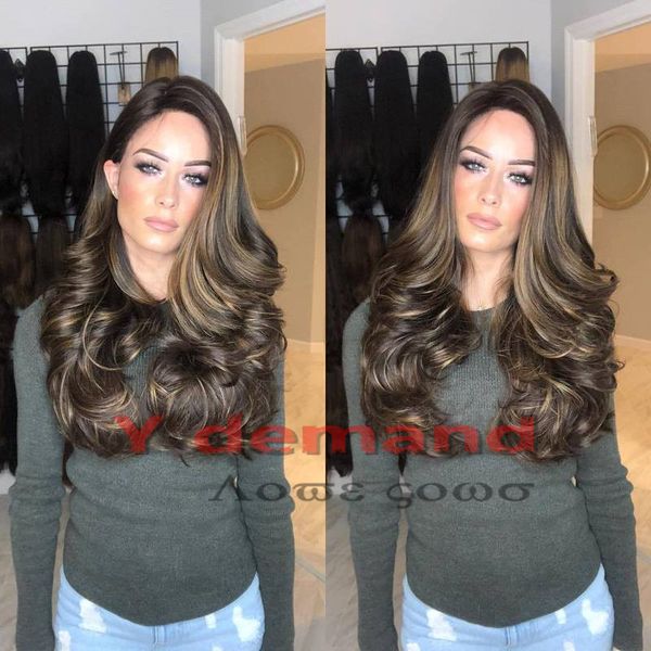 

ombre long brown synthetic wigs wavy 2019 new fashion hairstyle 24inch handmade heat resistance synthetic wig medium pelucas sinteticas, Black