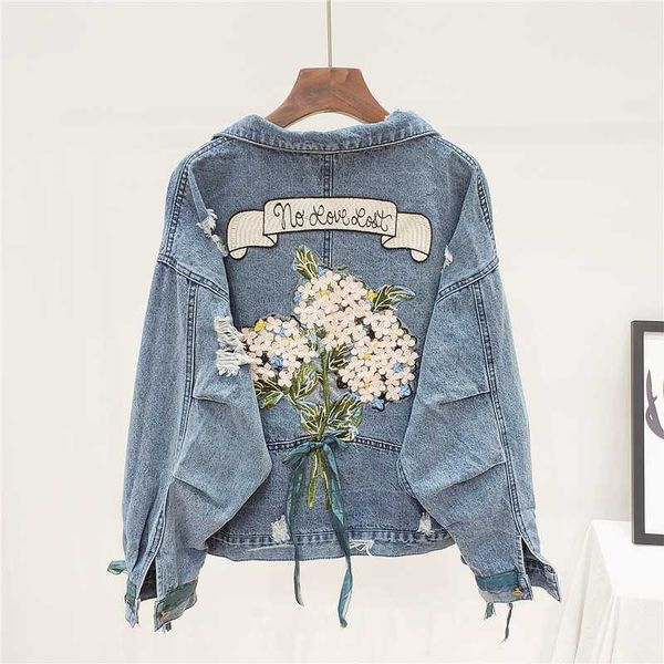 

spring autumn fashion embroidery flowers denim jacket women outerwear female loose batwing sleeve frayed short jeans jacket coat, Black;brown