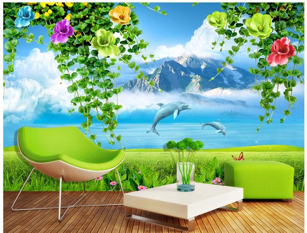 

wdbh custom p 3d wallpaper fresh mediterranean dolphin flowers tv background home decor living room wallpaper for walls 3 d