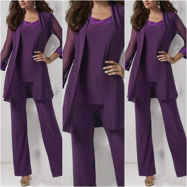 

new mild chiffon bridal gown mother trouser suit long sleeve formal evening gown mother bride suit jacket purple, Black;red
