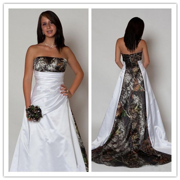 

новый дизайн камуфляж свадебное платье 2019 без бретелек плиссированные линии развертки поезд атласная страна пляж свадебные платья плюс раз, White