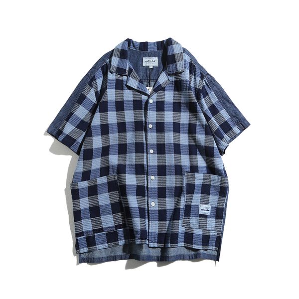 

men plaid splice denim casual short sleeve shirts male japan style streetwear vintage fashion loose hip hop shirts, White;black
