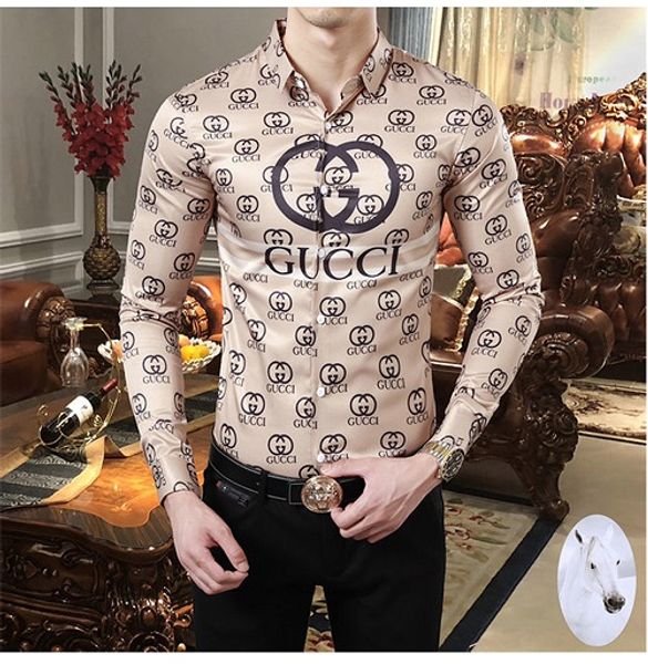 

men's shirts logistics new men's casual prints lapel slim luxury long sleeve shirt european and american brand fashion trend shirt, White;black