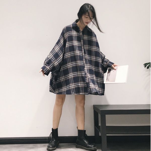 

lanmrem 2019 autumn new korean shirt loose women's lapel single-breasted long-sleeved temperament plaid shirt jacket 19b-a9, White