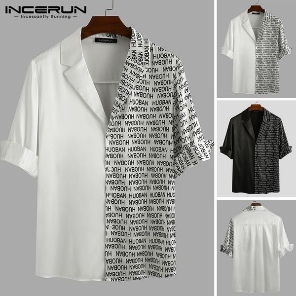 

men fashion printed shirts half sleeve v neck patchwork shirts casual slim fitness business blouse summer camisa incerun, White;black
